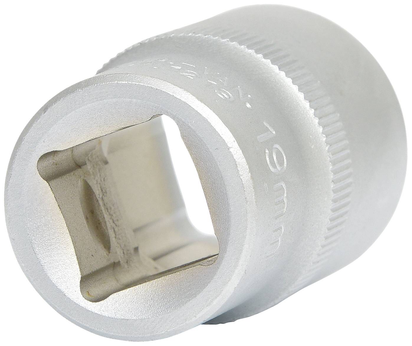 Metallische Stecknuss, Größe 19 mm, gezeigt in Nahaufnahme. Die Oberfläche ist silbern und strukturiert.