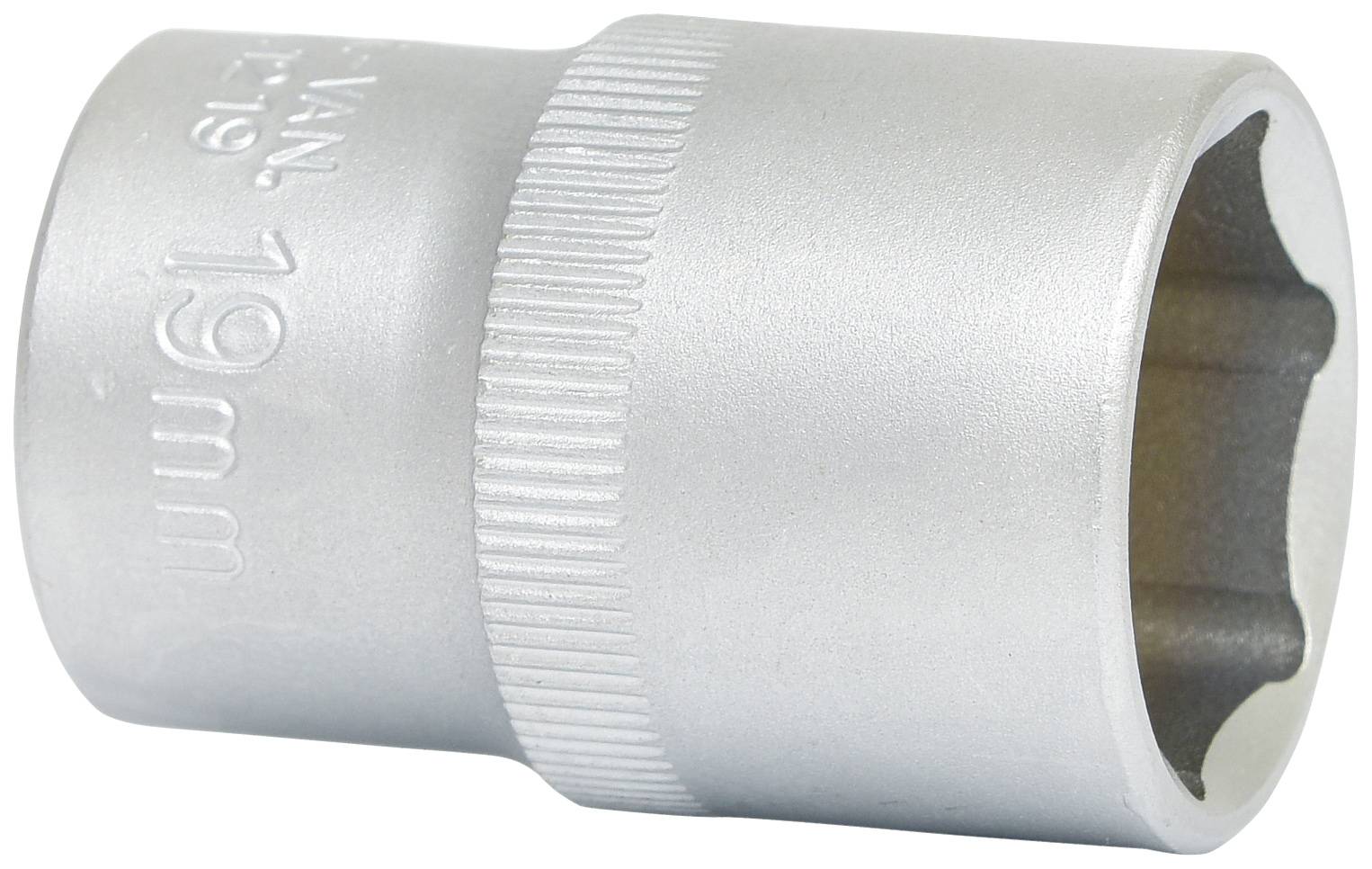 Eine silberfarbene Steckschlüssel-Nuss mit Riffelung und der Gravur '22 mm'. Sie ist zylindrisch mit einem sechseckigen Innenprofil.