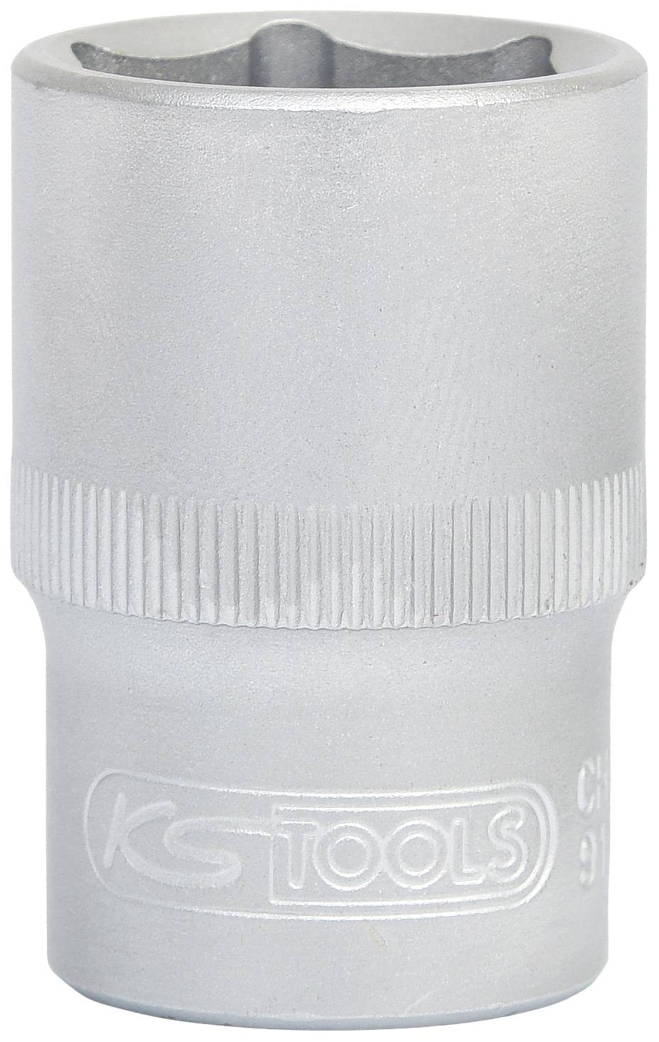 Silberne Steckschlüssel-Nuss mit 'KS TOOLS'-Logo, gerändeltem Griff und sechseckiger Öffnung, verwendet für Schraubarbeiten.