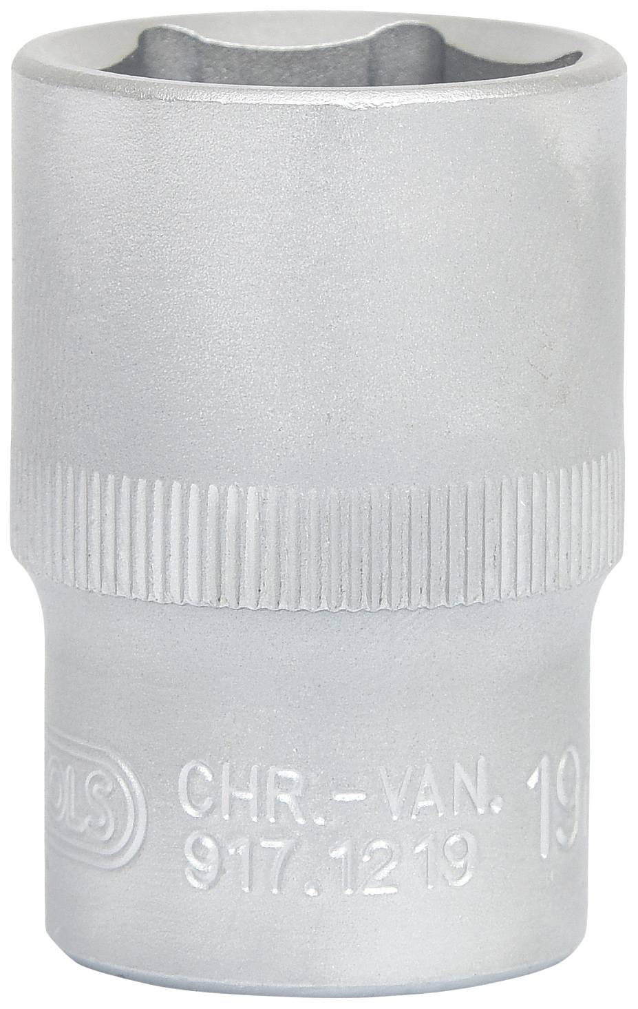 Eine silberne Sechskant-Stecknuss mit geriffeltem Griff und Markierungen für Größe und Typ, geeignet für mechanische Arbeiten.