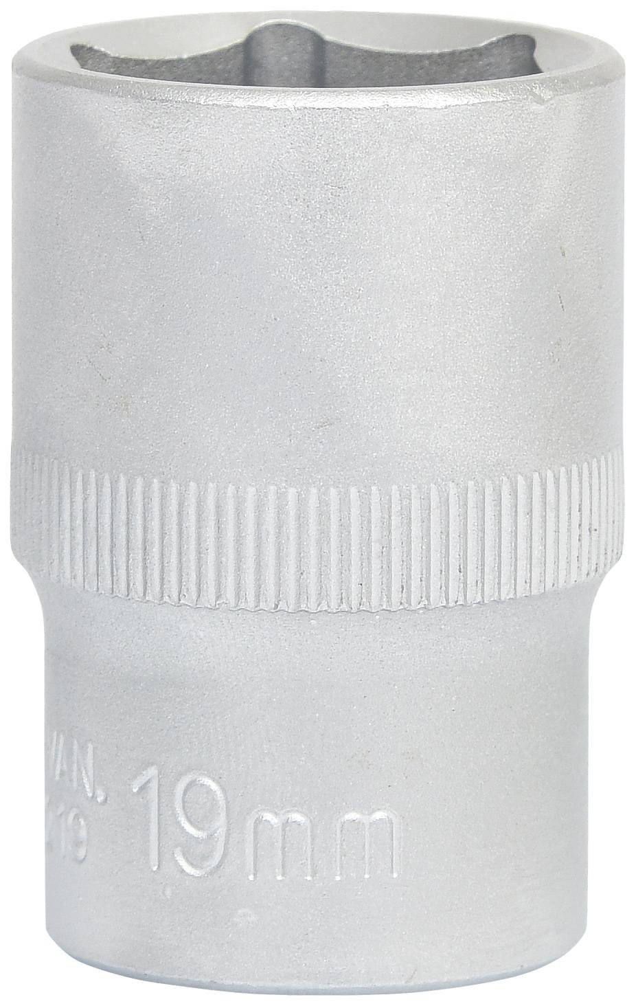 Steckschlüsseleinsatz mit 19mm Markierung, geeignet für mechanische Arbeiten, silberne Metalloberfläche, gerändelter Griff.