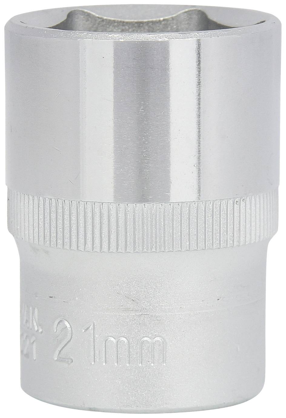 Silberne Sechskant-Stecknuss mit 21 mm Aufschrift, glänzende Oberfläche. Geeignet für Werkzeugeinsatz und Schraubverbindungen.