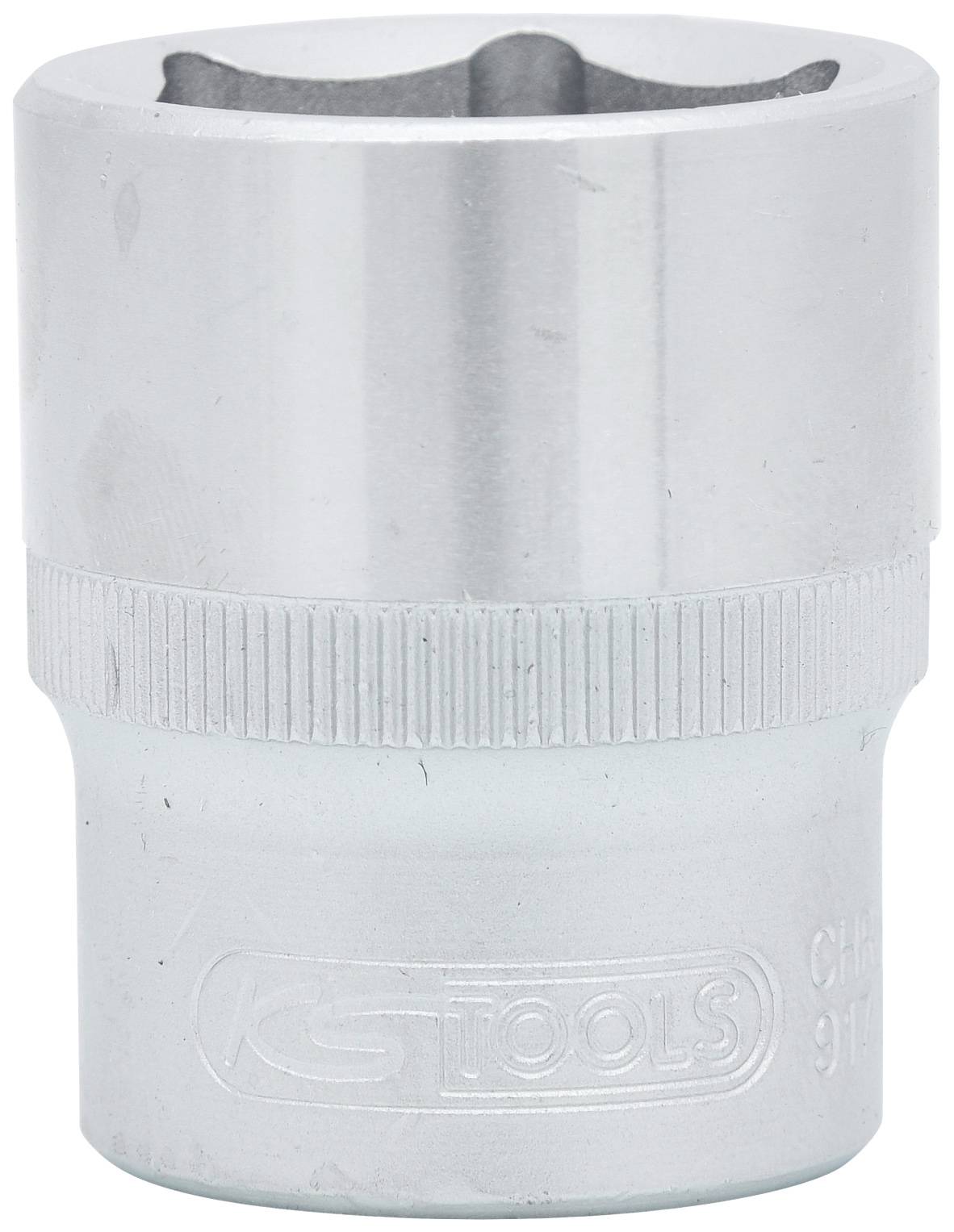 Eine silberne Stecknuss mit geriffeltem Griff, geeignet für den Einsatz mit Ratschen, versehen mit Gravur des Herstellernamens.