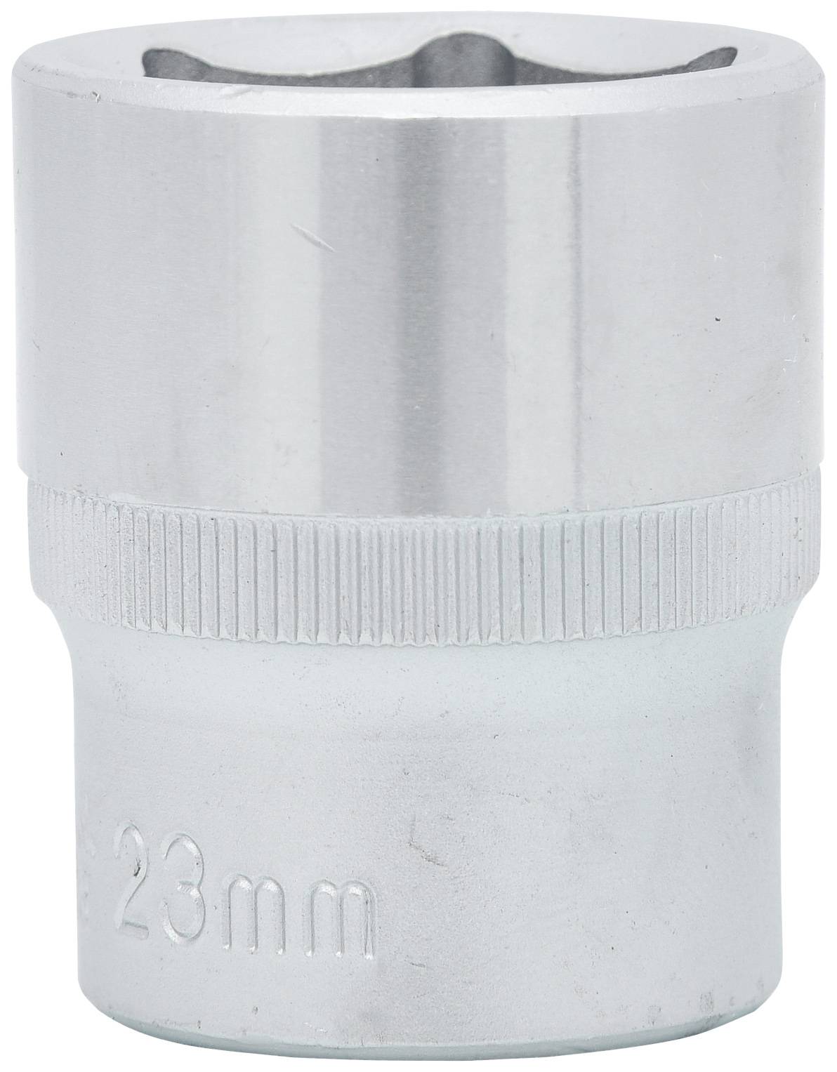 Abbildung eines silbernen Steckschlüssels mit einer Größe von 23 mm, verwendet zum Festziehen oder Lösen von Muttern und Schrauben.