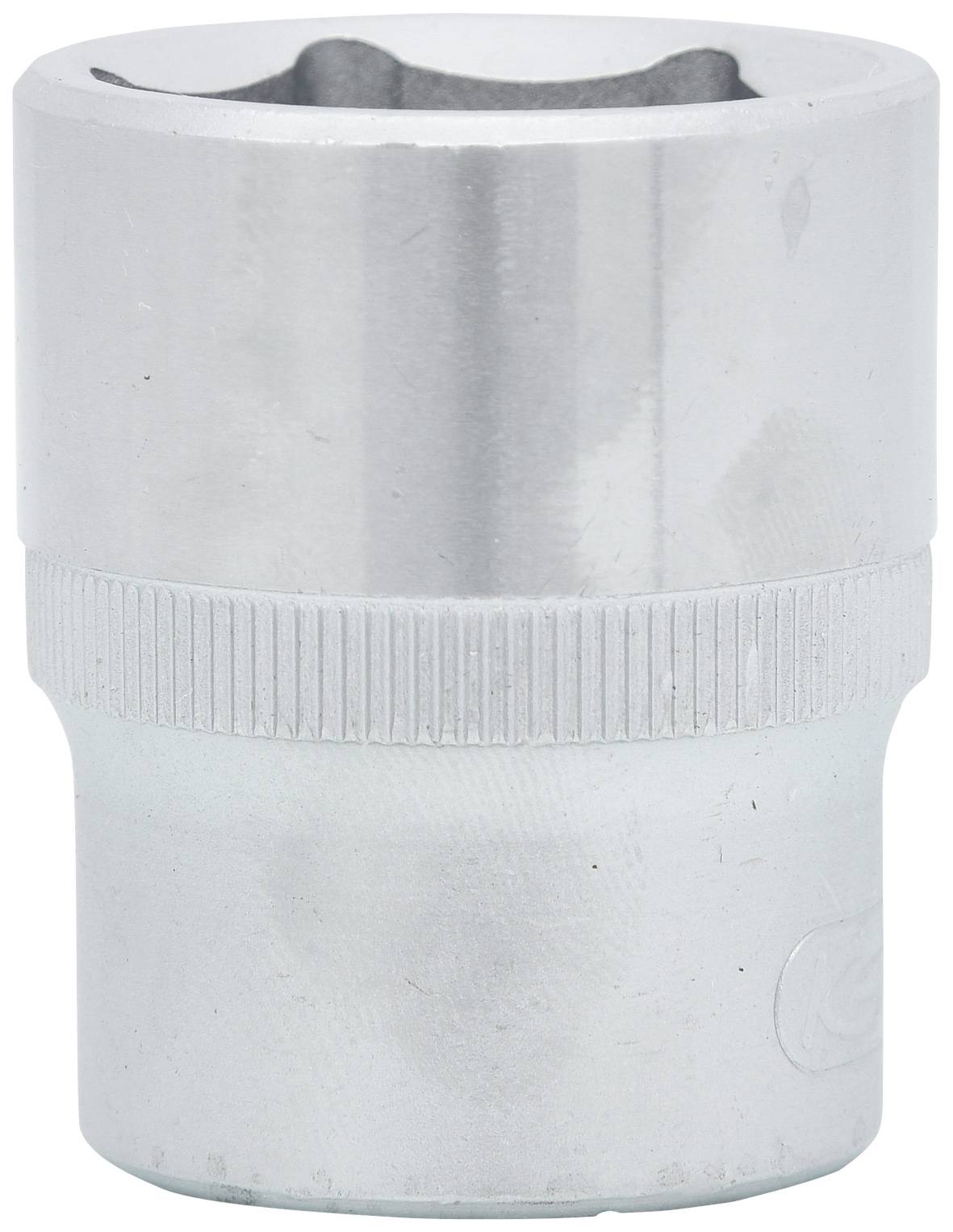 Ein silberner Steckschlüsseleinsatz mit sechskantigem Innenprofil und gerändeltem Griffbereich, verwendet zum Festziehen oder Lösen von Schrauben.
