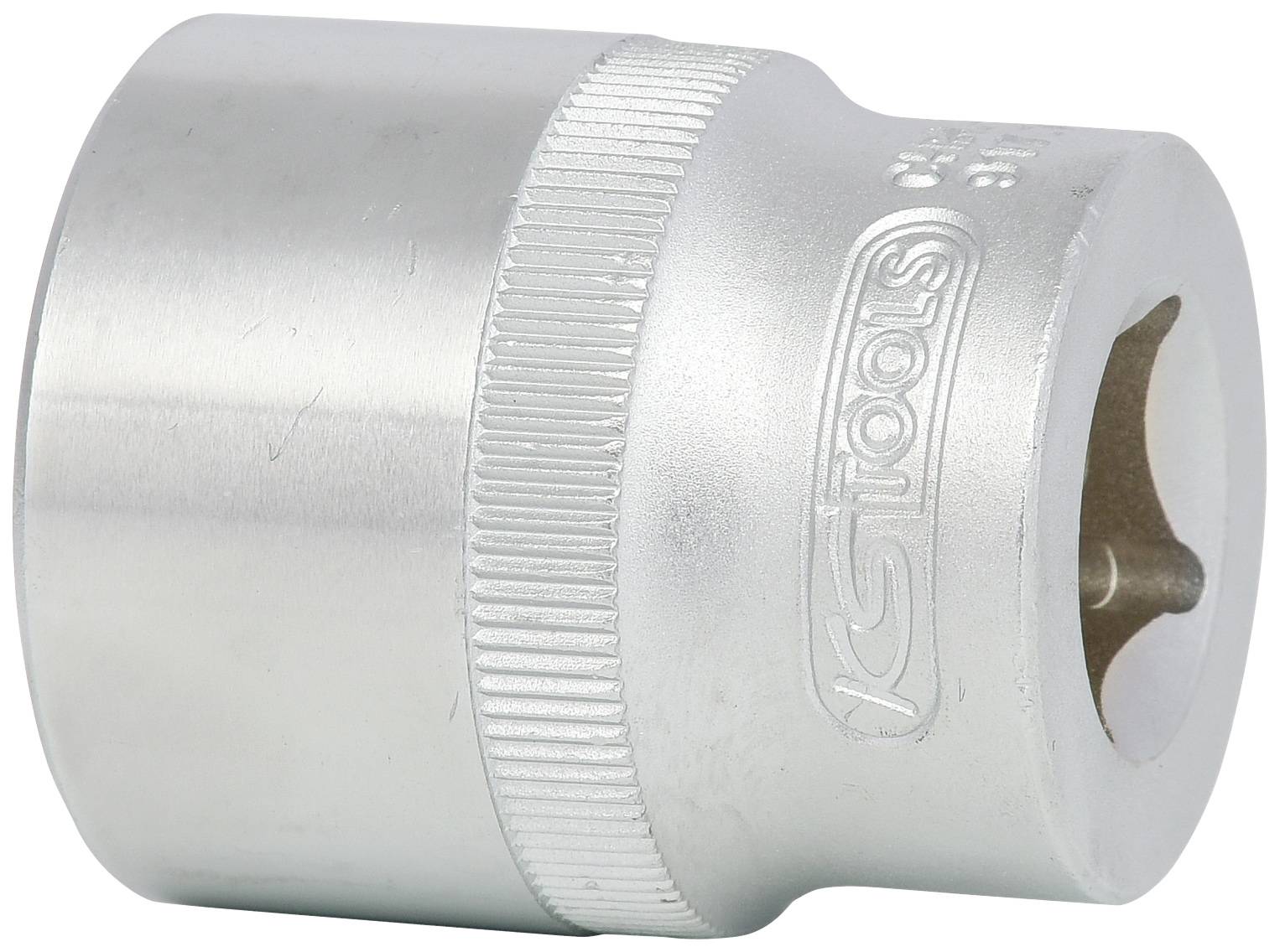 Metallschraubenkopf mit geriffeltem Rand, präzise gefertigt, silberne Oberfläche, markiert mit 'KS TOOLS'.
