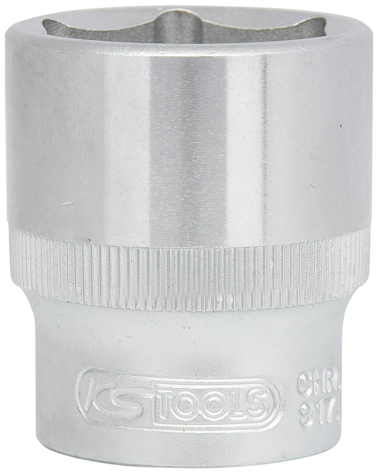 Ein silbernes Steckschlüsselelement mit sechskantiger Öffnung, graviertem Logo 'KS TOOLS'.