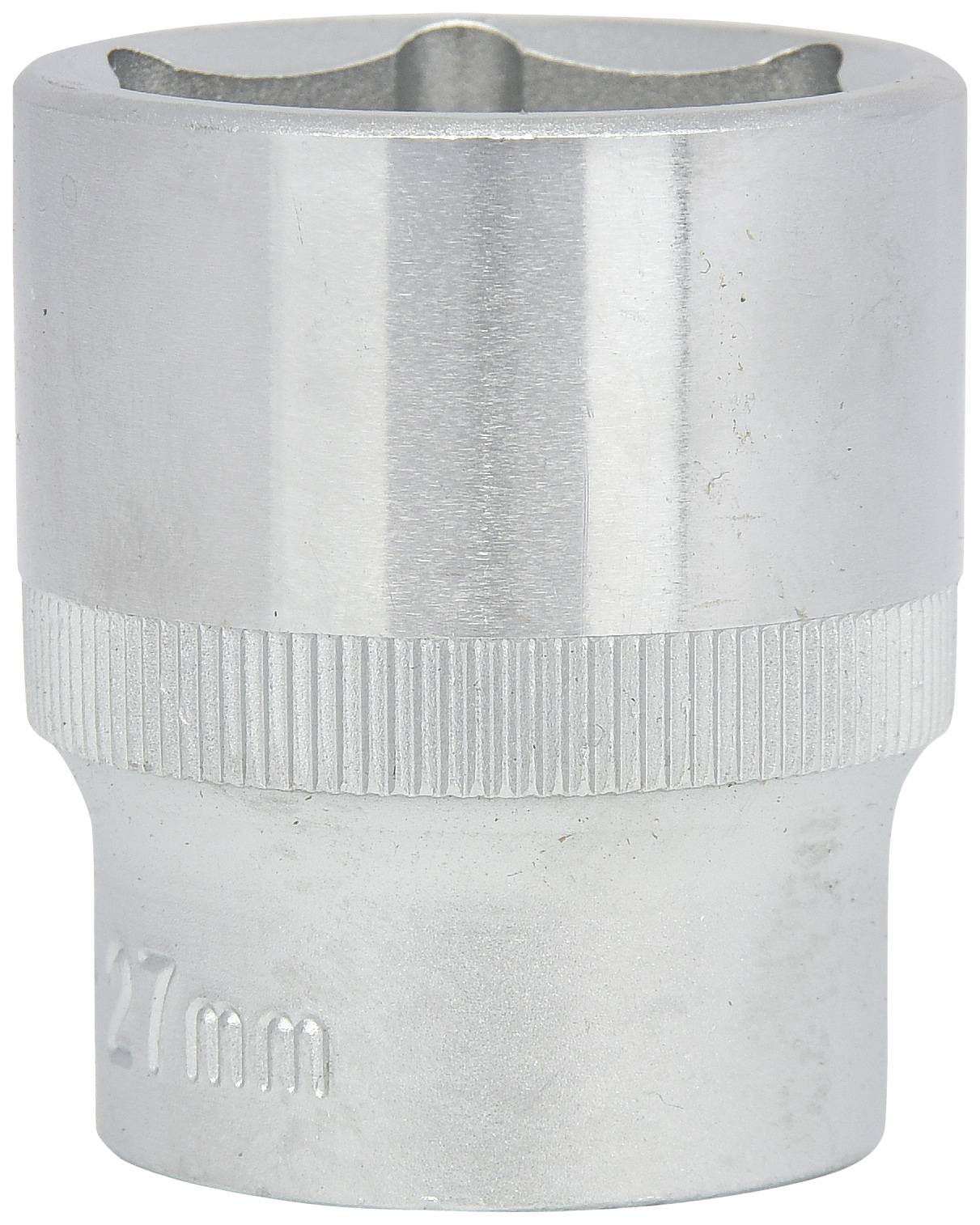 Eine silberne Stecknuss mit einer Riffelung in der Mitte und der Aufschrift '27 mm', dient zum Festziehen oder Lösen von Schrauben.