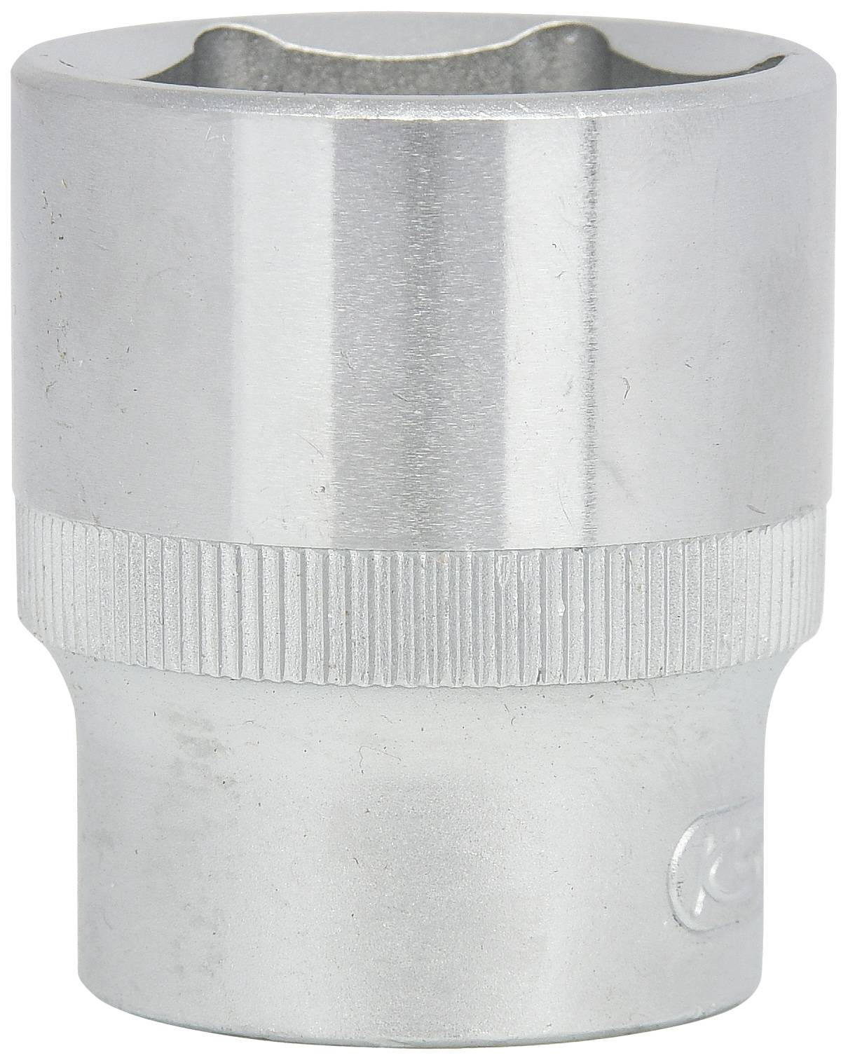 Ein silberner Steckschlüsselaufsatz aus Metall, glatt und zylindrisch, mit geriffeltem Griff für besseren Halt.