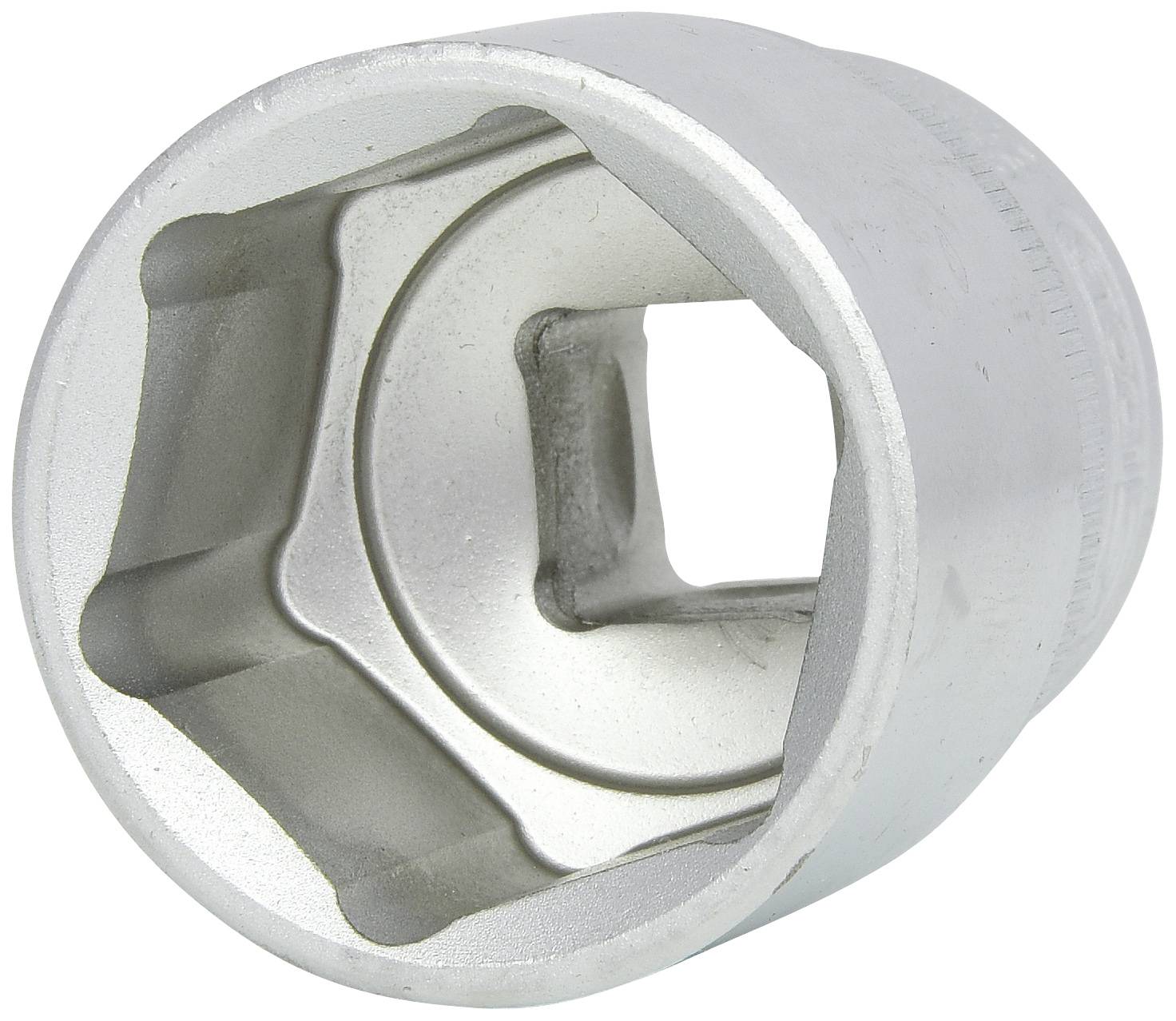 Abbildung eines silbernen Steckschlüssels mit sechseckigem Profil zum Festziehen oder Lösen von Muttern und Schrauben.