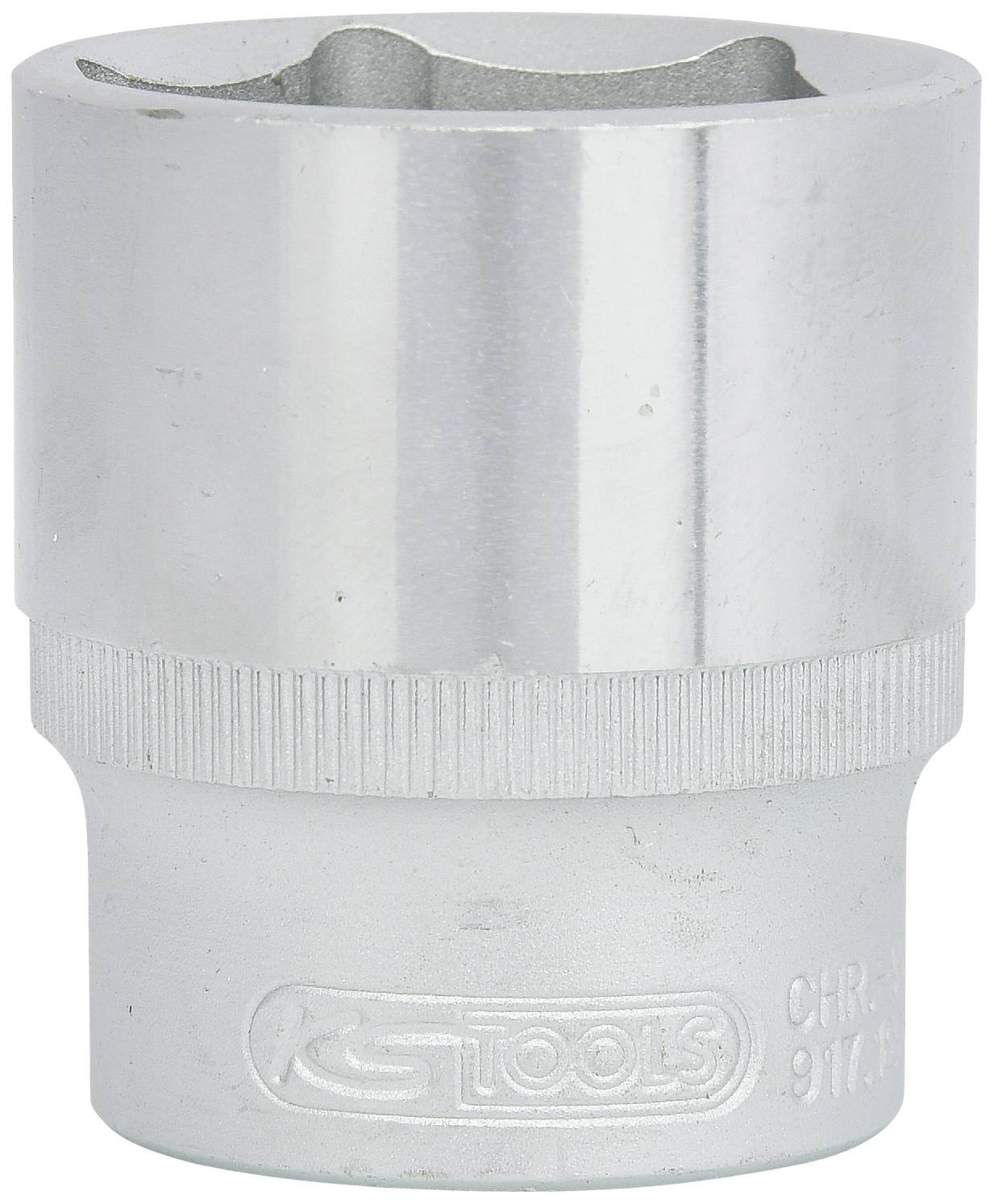 Metallische Stecknuss mit Aufschrift 'KS Tools'. Hochglänzende Oberfläche, robuste Bauweise; Werkzeugzubehör.