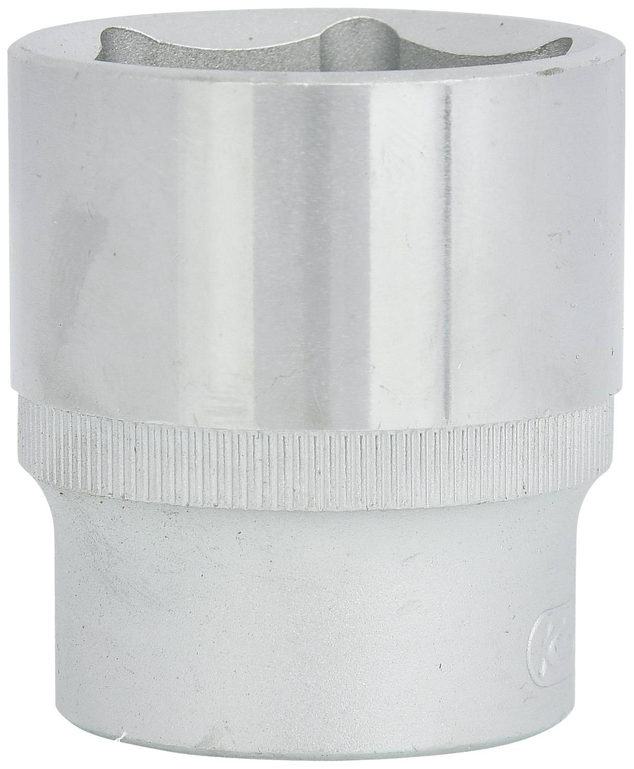 Metallische Steckschlüsseleinsatz, zylindrisch mit glatter Oberfläche und geriffeltem Rand, dient zum Festziehen von Schraubenmuttern.