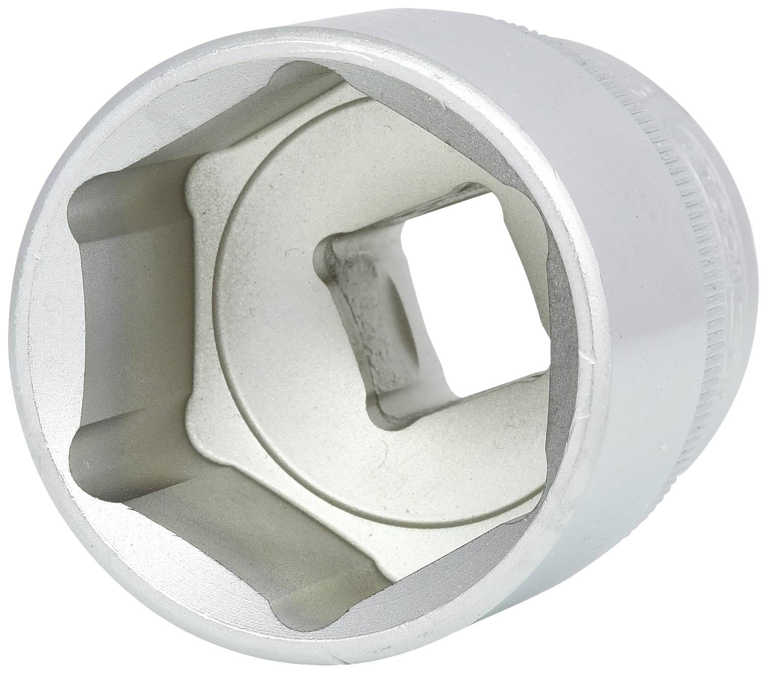 Ein silberner Steckschlüsselaufsatz mit sechseckiger Öffnung, geeignet für Muttern oder Schrauben mit passendem Sechskantkopf.