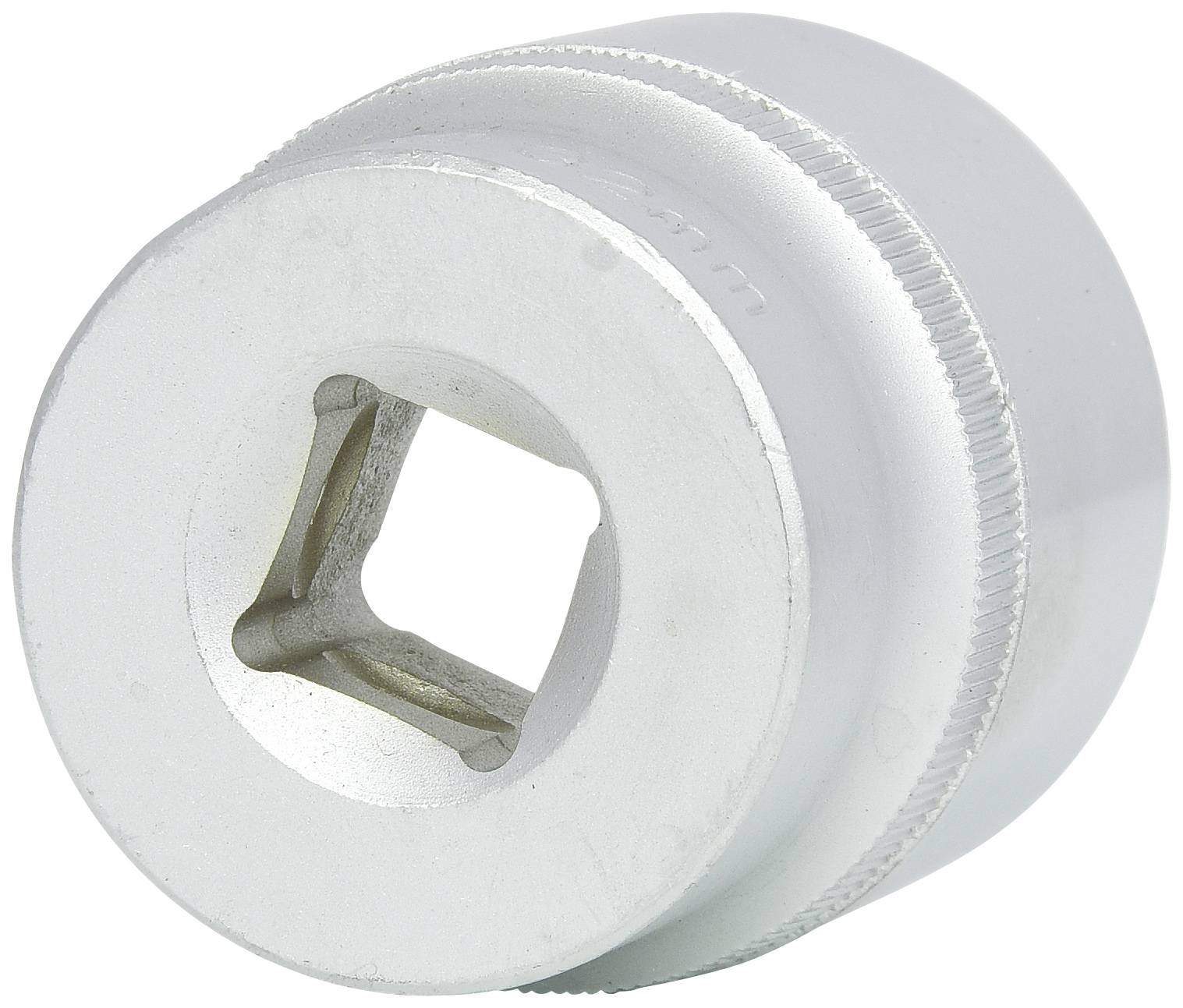 Eine silberne Knarre mit quadratischer Öffnung, geeignet zum Festziehen oder Lösen von Schrauben mit einem Steckschlüssel.