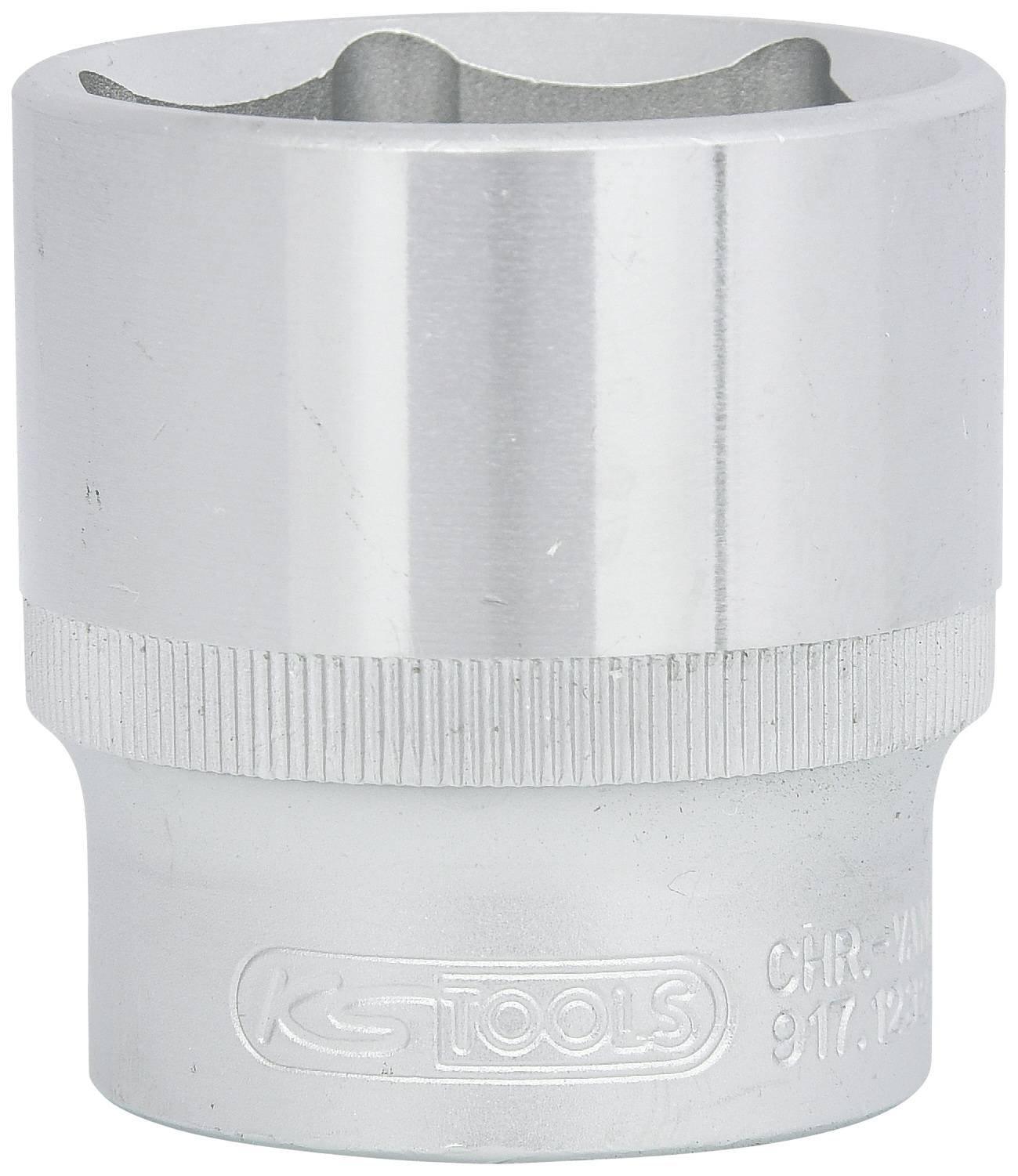 Silberne Vielzahn-Stecknuss aus Metall, seitlich markiert mit 'KS TOOLS'.