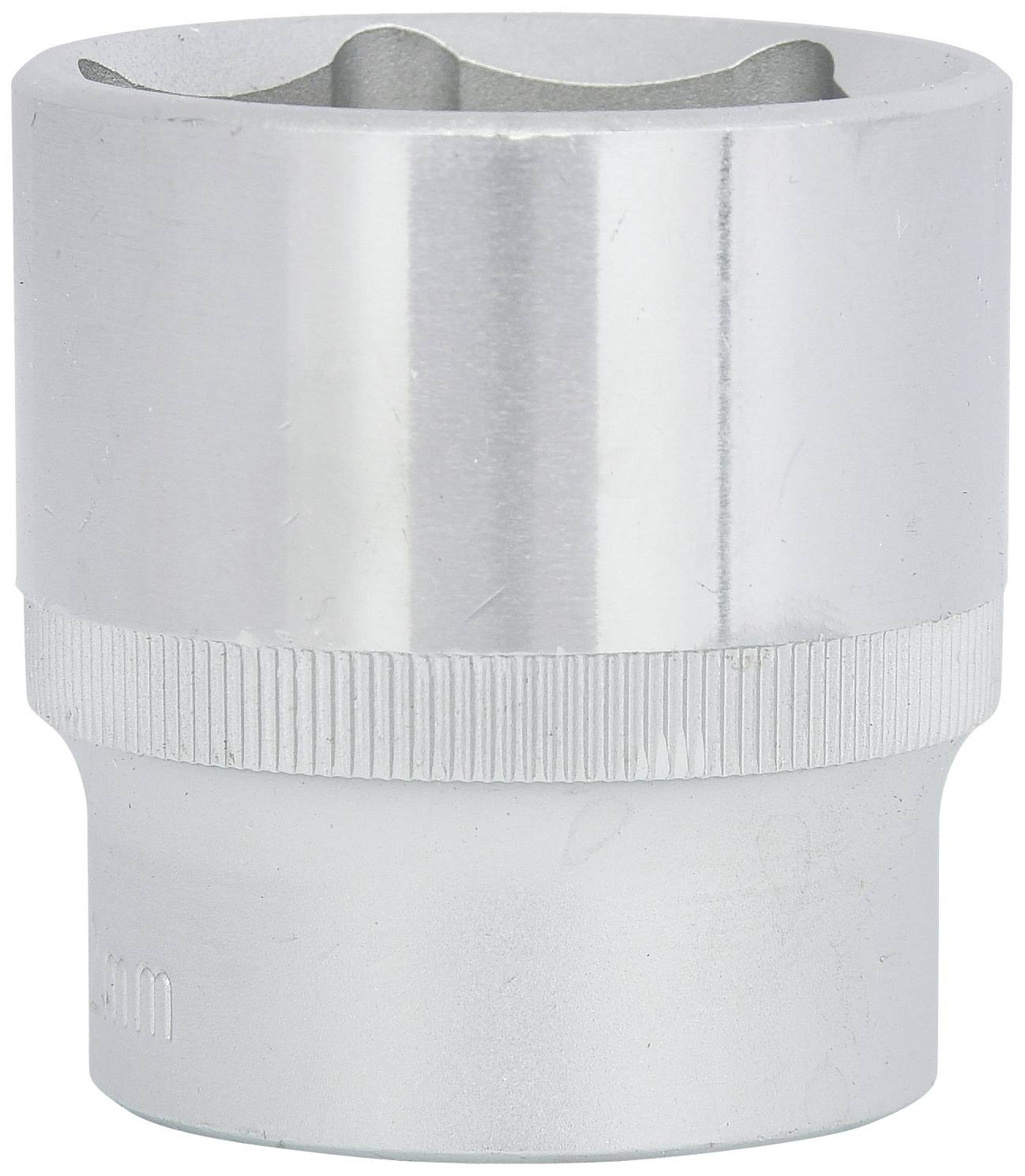 Eine silberne Sechskant-Stecknuss aus Metall, geeignet für die Verwendung mit Schraubenschlüsseln oder Ratschen, auf weißem Hintergrund.