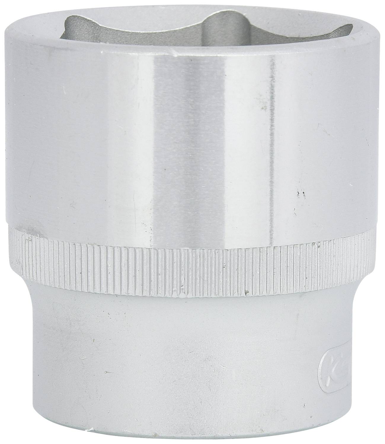 Silberne Stecknuss mit gerändeltem Griff, verwendet für das Anziehen von Schrauben und Muttern in mechanischen Anwendungen.