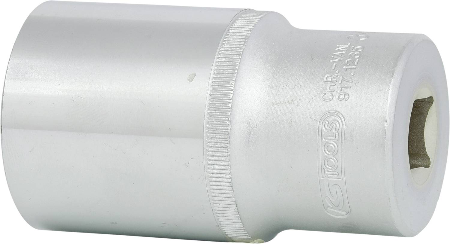 Steckschlüssel, silbernes Metall, zylinderförmig, mit eingeschnitztem Text und einem quadratischen Loch auf der einen Seite.