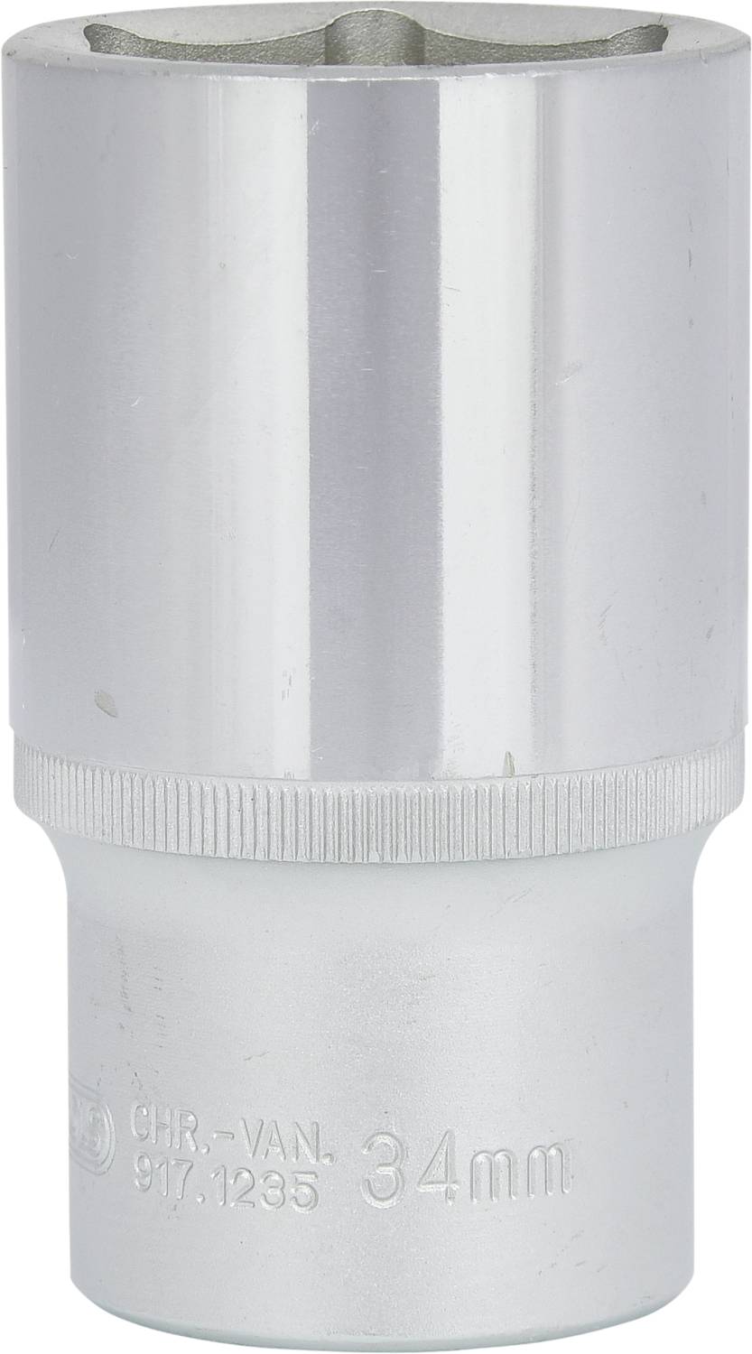 Verchromte Stecknuss, 34 mm, aus Chrom-Vanadium-Stahl. Schlichtes, glänzendes Design, verwendet für Schraubarbeiten.