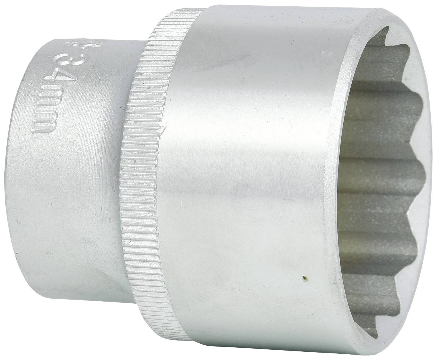 Silberne Vielzahnnuss mit der Aufschrift '34 mm', geeignet zum Lösen und Anziehen von Schrauben mit Vielzahnprofil.