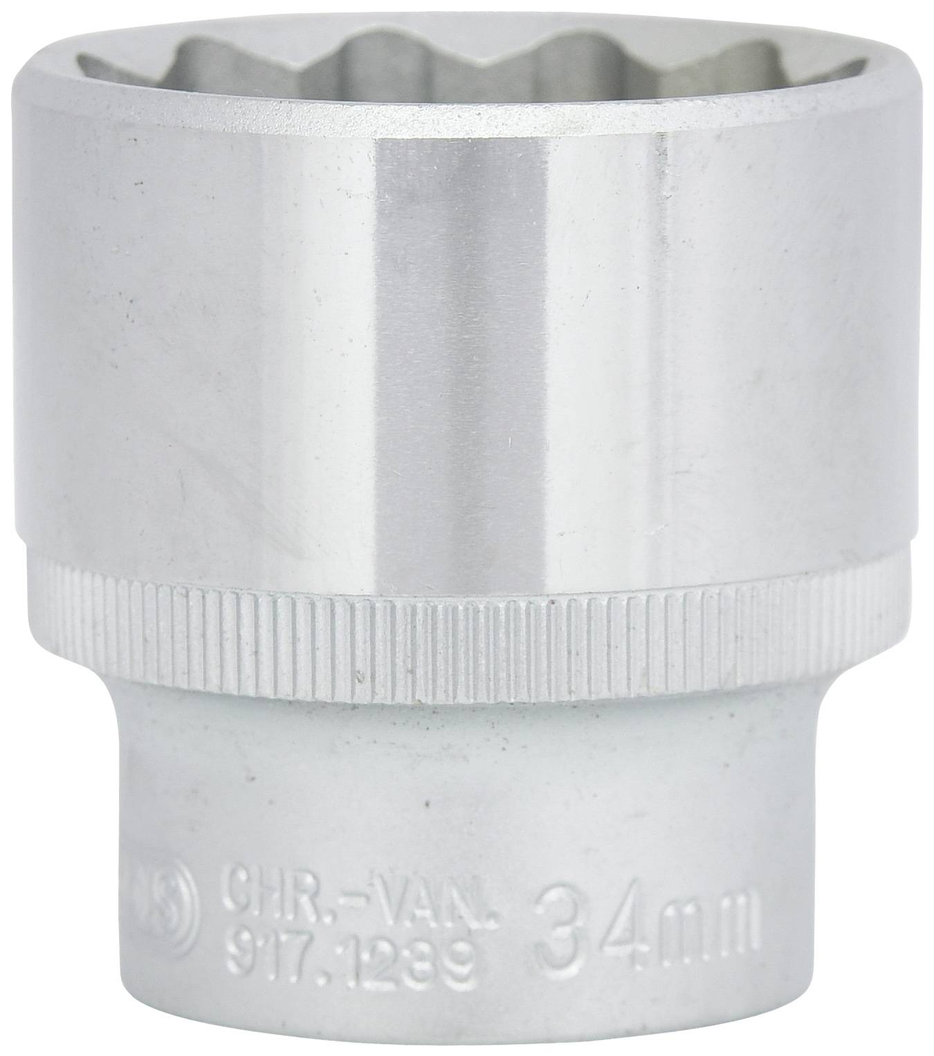 Eine silberne Steckschlüssel-Nuss aus Chrom-Vanadium-Stahl mit eingeprägter Größe '34 mm'.