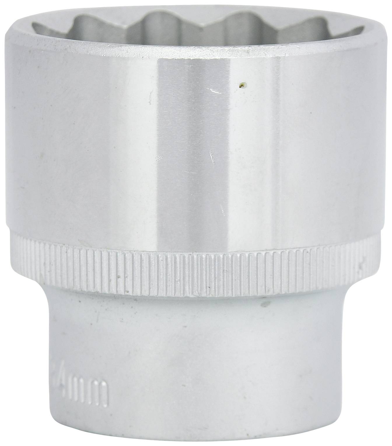 Eine silberne Stecknuss aus Metall, zylindrisch geformt, mit einem gerändelten Ring für besseren Griff.