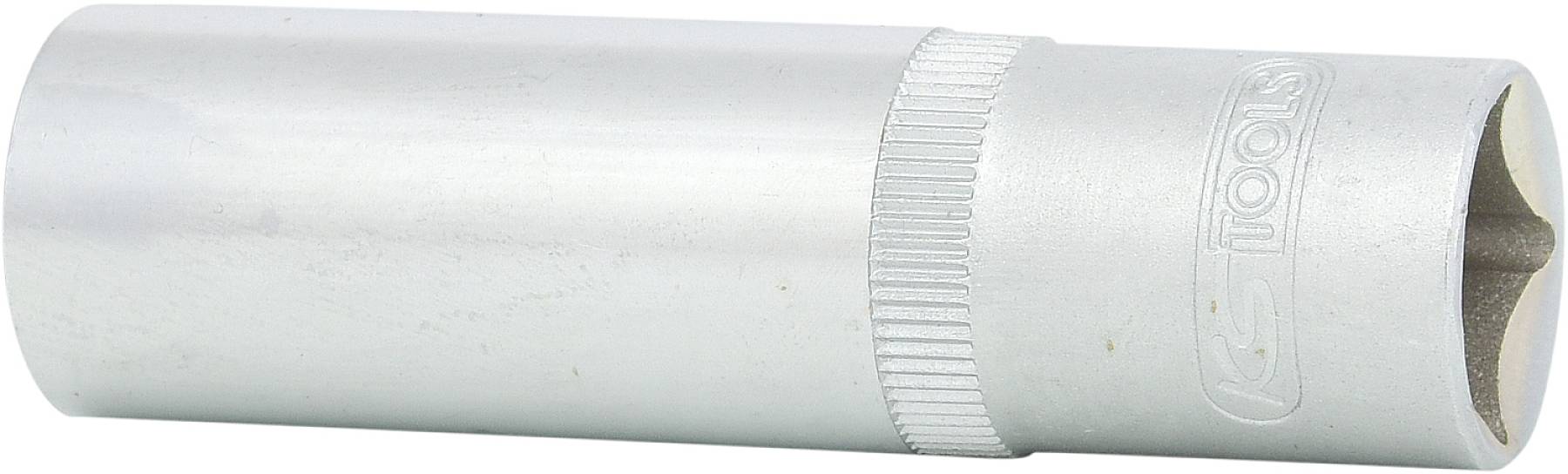 Langere Steckschlüsselverlängerung aus Metall mit geriffelter Oberfläche in der Mitte und einer sechseckigen Öffnung für Schraubenschlüsselaufsätze.