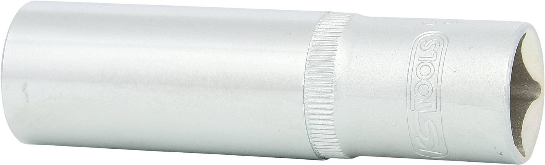 Ein silberner, zylindrischer Schraubenschlüsselaufsatz mit sechskantiger Öffnung und geriffeltem Griffbereich für besseren Halt.