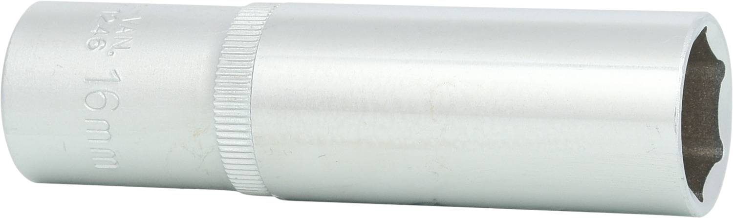 Langnuss-Steckschlüssel, 16 mm, aus Metall, zylindrische Form mit geriffeltem Griffbereich.