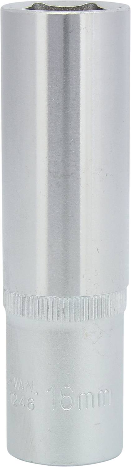 Metall-Steckschlüssel, zylindrische Form, mit '16 mm'-Prägung, geeignet für Arbeiten mit Schrauben oder Muttern dieser Größe.