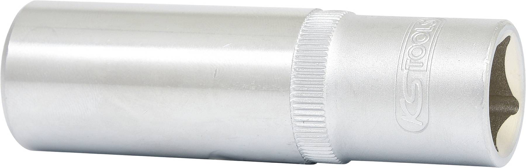 Silberne Stecknuss, zylinderförmig, mit glatter Oberfläche und geriffeltem Rand. Werkzeug für das Lösen und Anziehen von Schrauben.