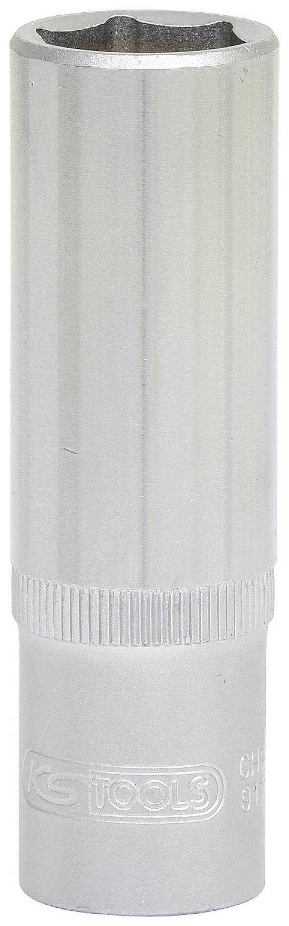 Eine silberne Stecknuss aus Metall, zylindrische Form, mit geriffeltem Griffbereich und Logo-Prägung nahe der Basis.