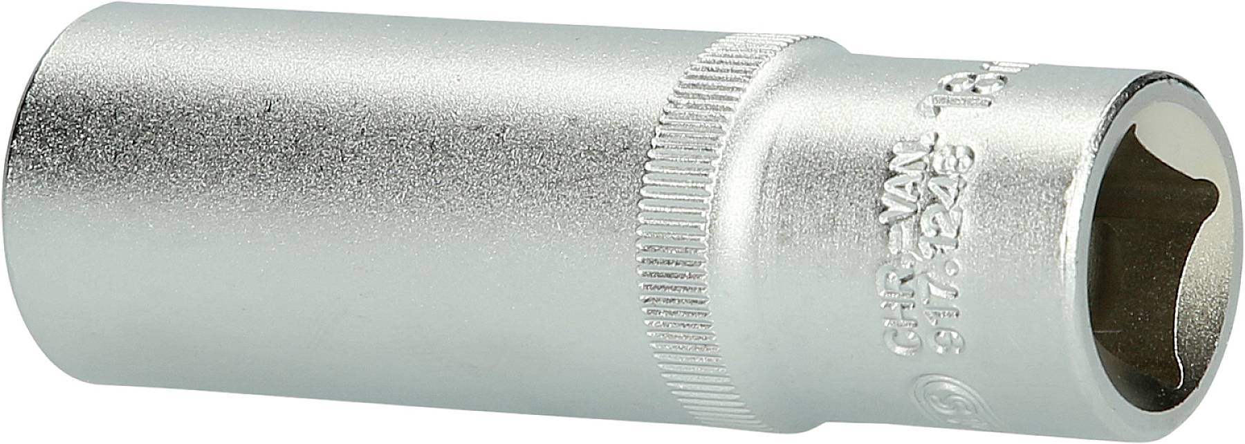 Stecknuss aus Metall, zylindrisch mit sechskantiger Öffnung, wird zum Anziehen oder Lösen von Schrauben und Muttern verwendet.