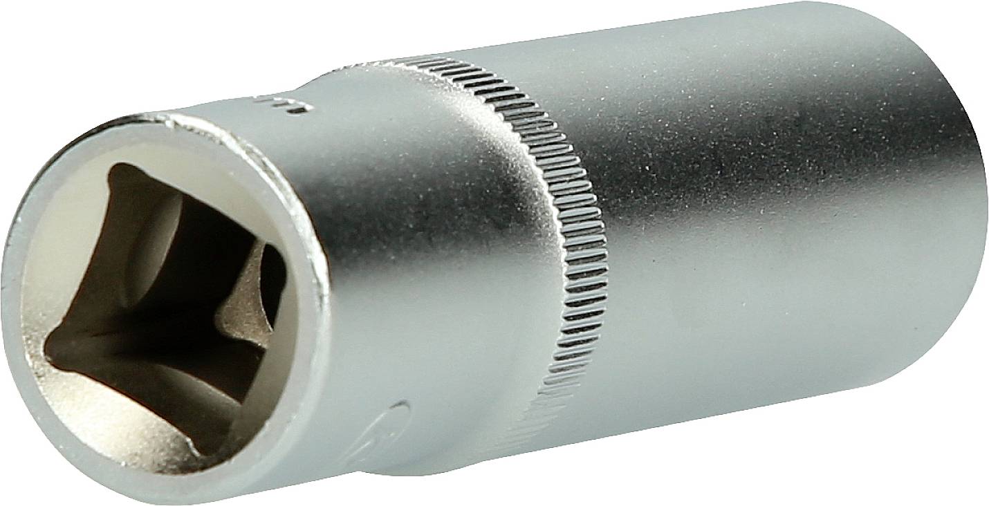 Metallene Sechskant-Stecknuss, geeignet für Ratschen oder Steckschlüssel, mit geriffeltem Ring für besseren Halt. Geeignet für Werkzeugeinsatz.