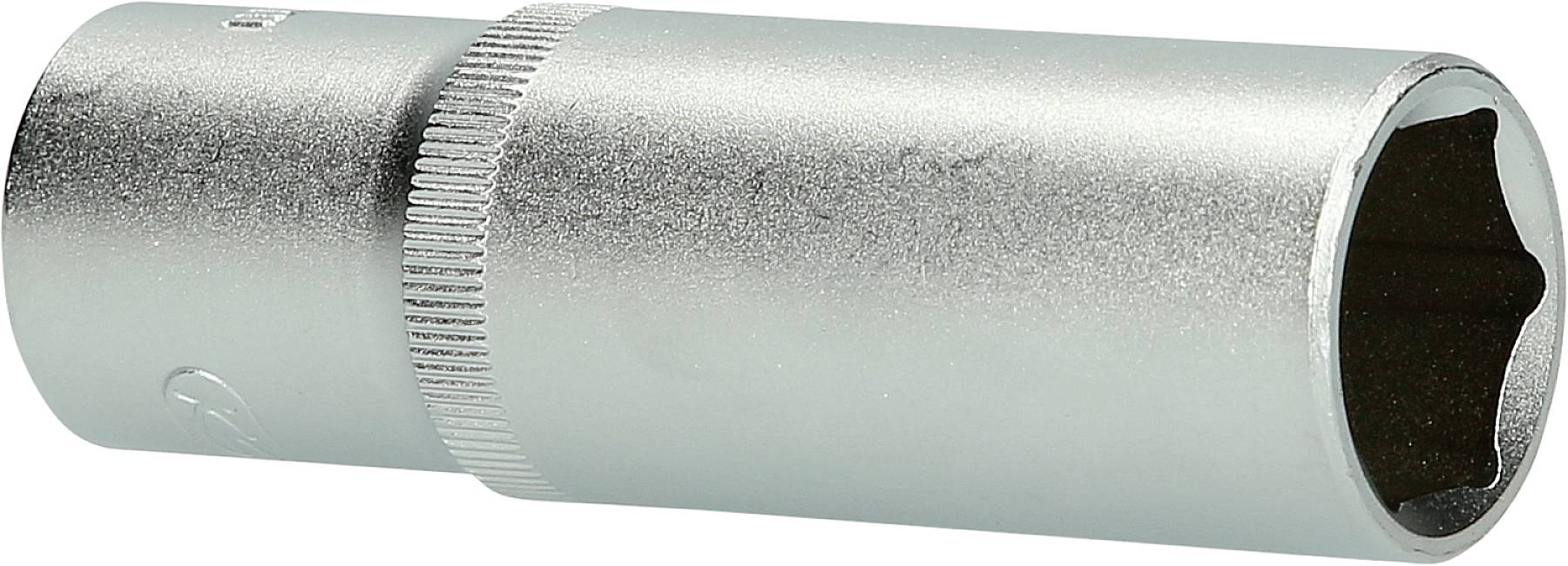 Ein silberfarbener Steckschlüsselaufsatz mit sechskantiger Öffnung und geriffeltem Griffbereich, zur Verwendung mit Schraubenschlüsseln.