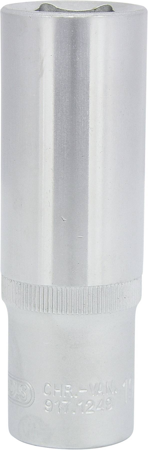 Metallischer Steckschlüssel mit geriffeltem Griff auf weißem Hintergrund, verwendet für das Lösen oder Festziehen von Schrauben und Muttern.