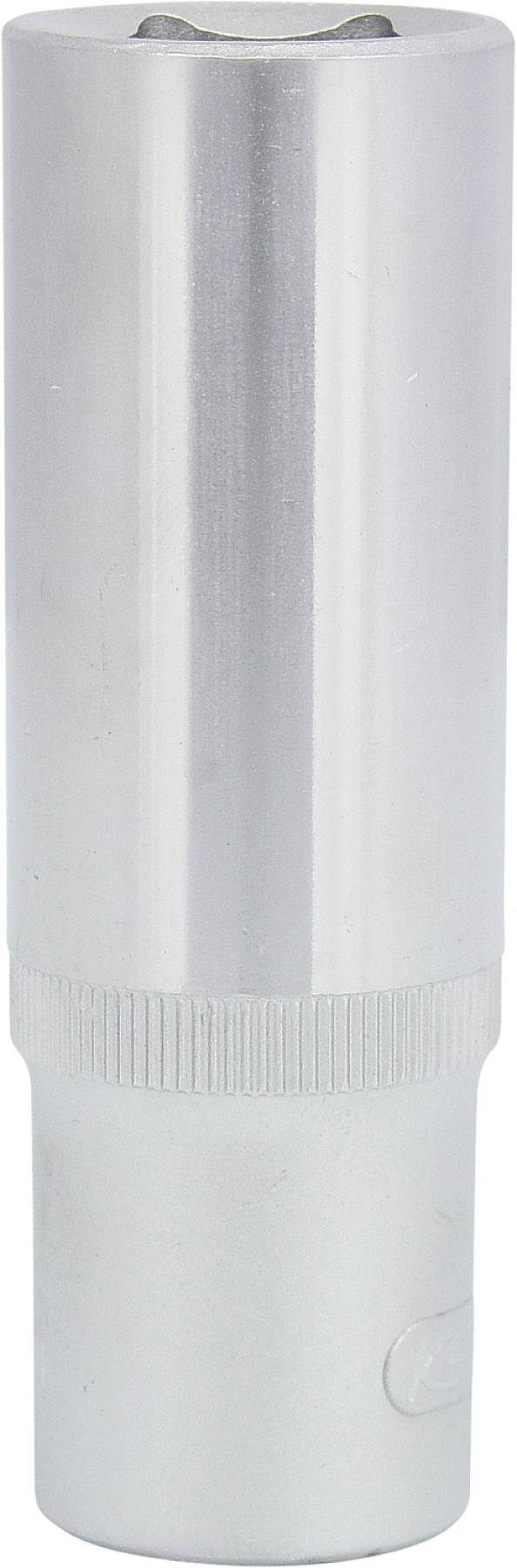 Ein silbernes, zylindrisches Metallteil mit geriffeltem Abschnitt in der Mitte, vermutlich ein mechanisches oder technisches Bauteil.