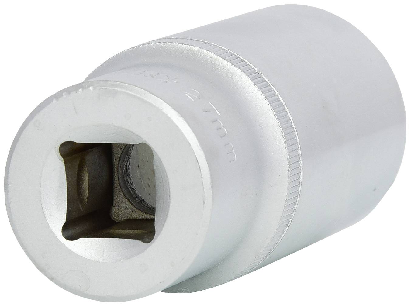 Metallische Steckschlüsselbuchse, zylindrisch, für Ratschenantrieb. Geeignet für Verschraubungsarbeiten an Maschinen oder Fahrzeugen.