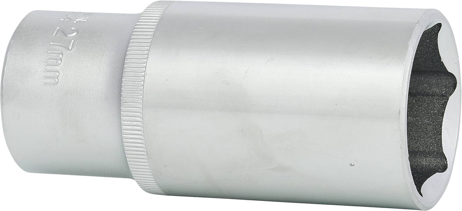 Steckschlüsseleinsatz aus Metall, 27 mm, zylindrische Form, mit gerändeltem Griff für besseren Halt.