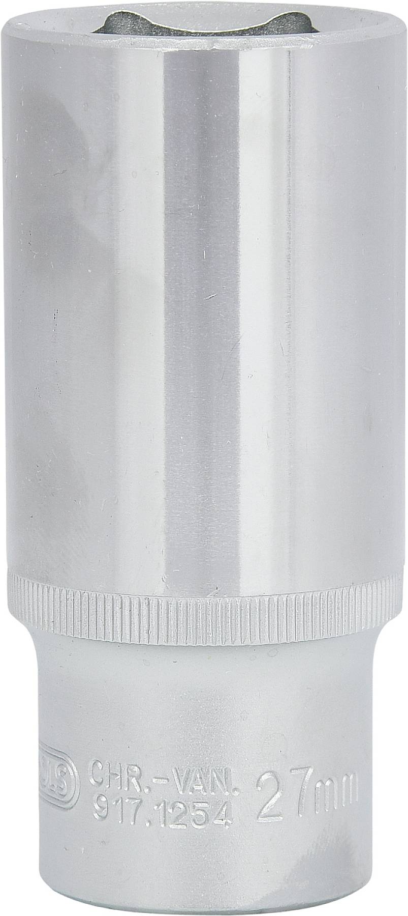Steckschlüssel mit 27 mm Durchmesser, verchromte Oberfläche, geeignet für mechanische Arbeiten und Reparaturen.