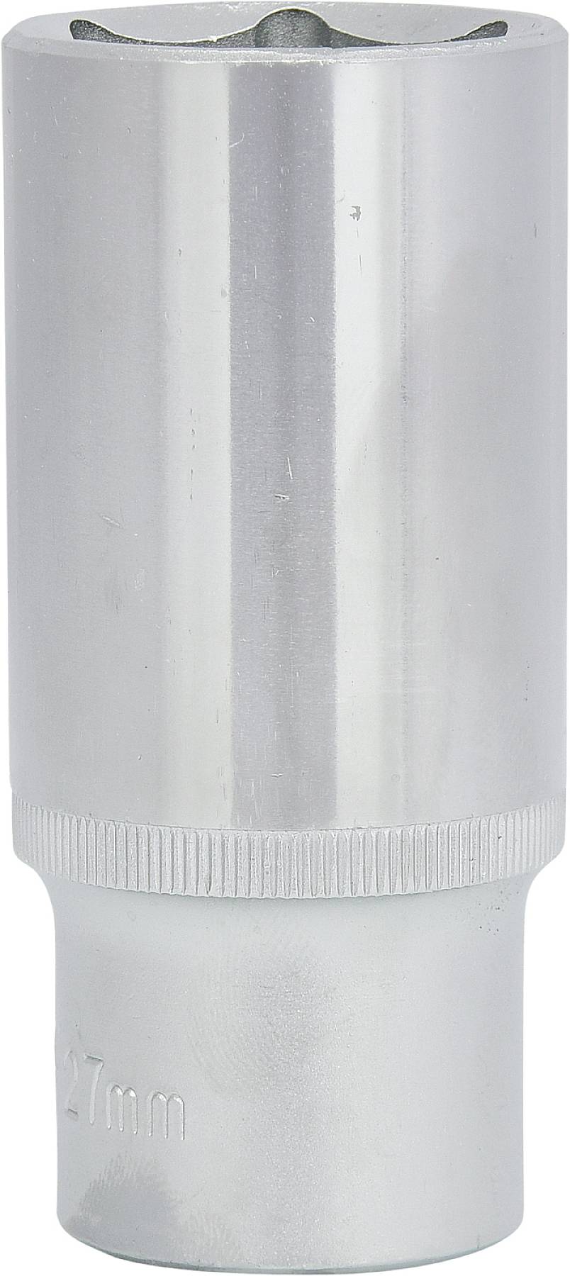 Eine silberne Stecknuss mit einer 27 mm Gravur am Rand, verwendet für Schrauben und Muttern in der Mechanik.