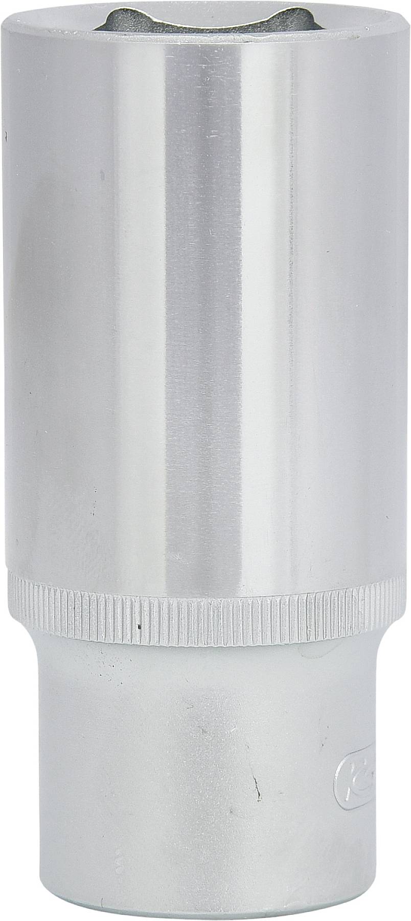 Steckschlüsselaufsatz aus Metall, zylinderförmig, mit geriffeltem Griff am unteren Ende, auf weißem Hintergrund.