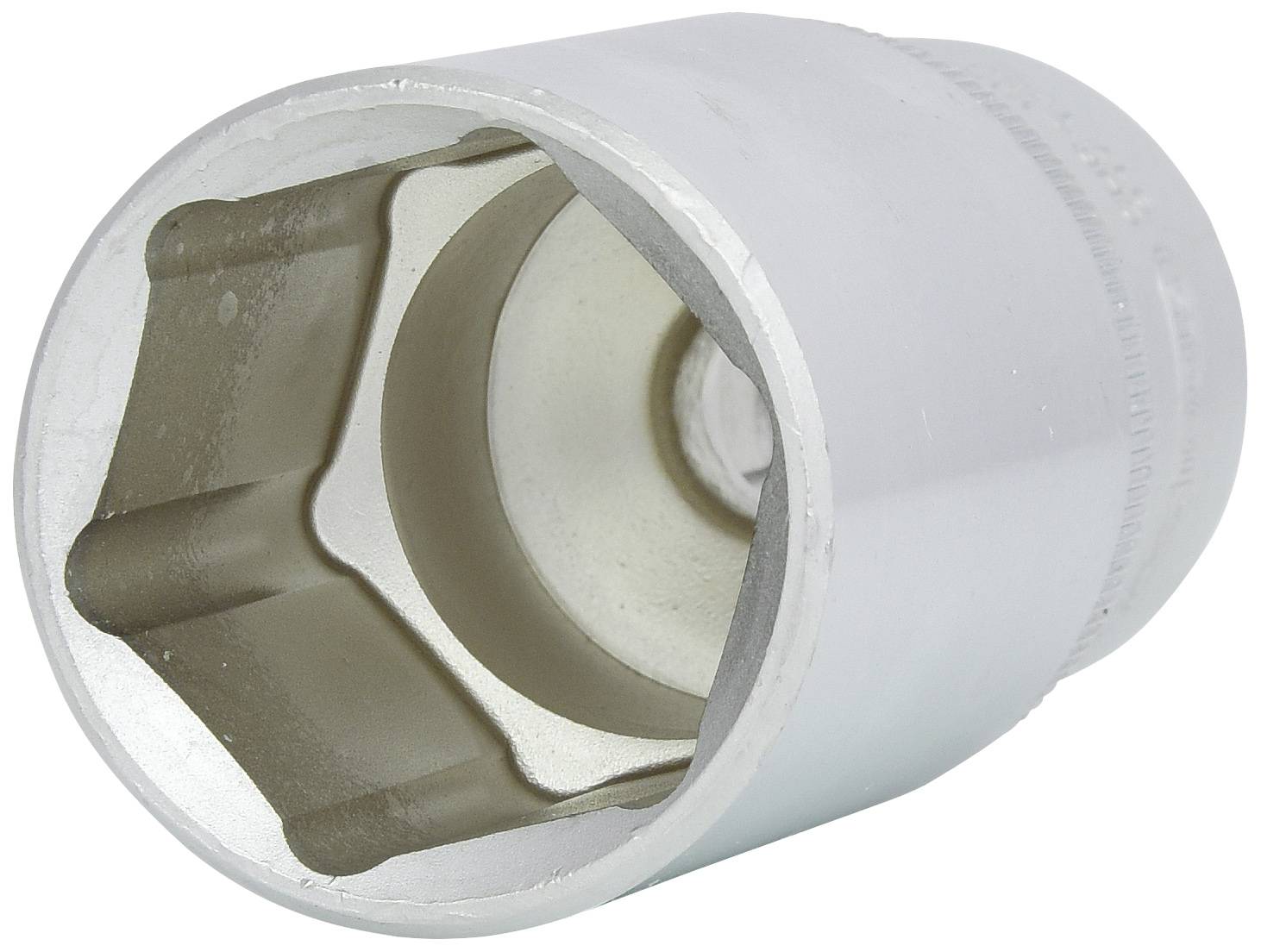 Metallischer Steckschlüsseleinsatz, zylinderförmig, mit sechseckiger Öffnung, verwendet zum Festziehen oder Lösen von Muttern und Schrauben.