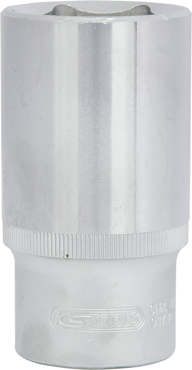 Metallische Stecknuss, zylindrisch mit geriffeltem Ring in der Mitte, silberfarben, genutzt für Schraubarbeiten.