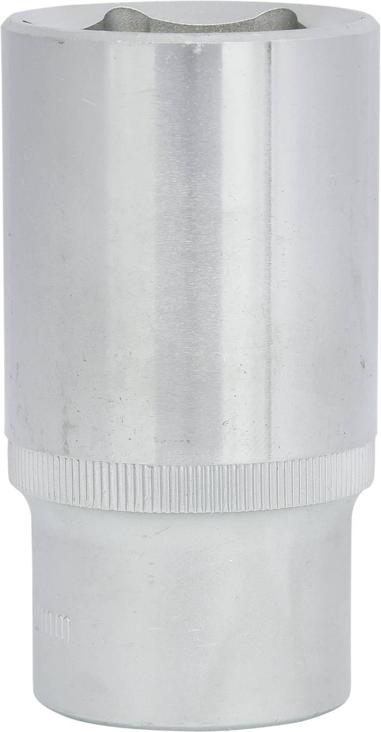 Ein silberner Steckschlüsselaufsatz für Ratschen, zylindrisch und seidenmatt, mit geriffeltem Griff für besseren Halt.