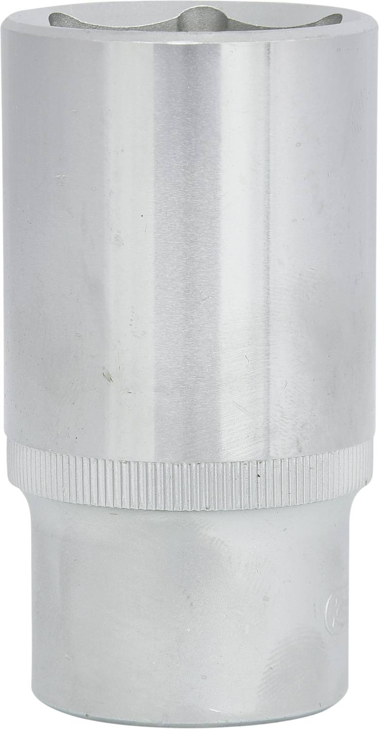 Ein silberner Steckschlüsseleinsatz aus Metall mit geriffeltem Griff. Verwendet für das Anziehen oder Lösen von Muttern und Schrauben.