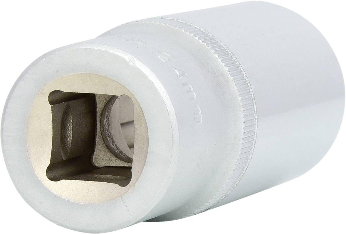 Chromfarbene Nuss für eine Ratsche oder Steckschlüssel, mit quadratischer Öffnung, geeignet für mechanische Arbeiten.