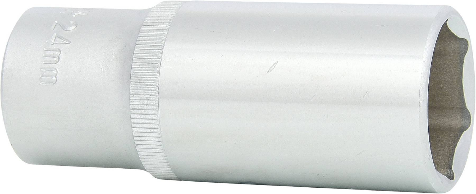 Silberne Stecknuss mit 24 mm Aufschrift, zylindrische Form, geeignet für Schraub- oder Drehwerkzeuge, glatte Oberfläche.