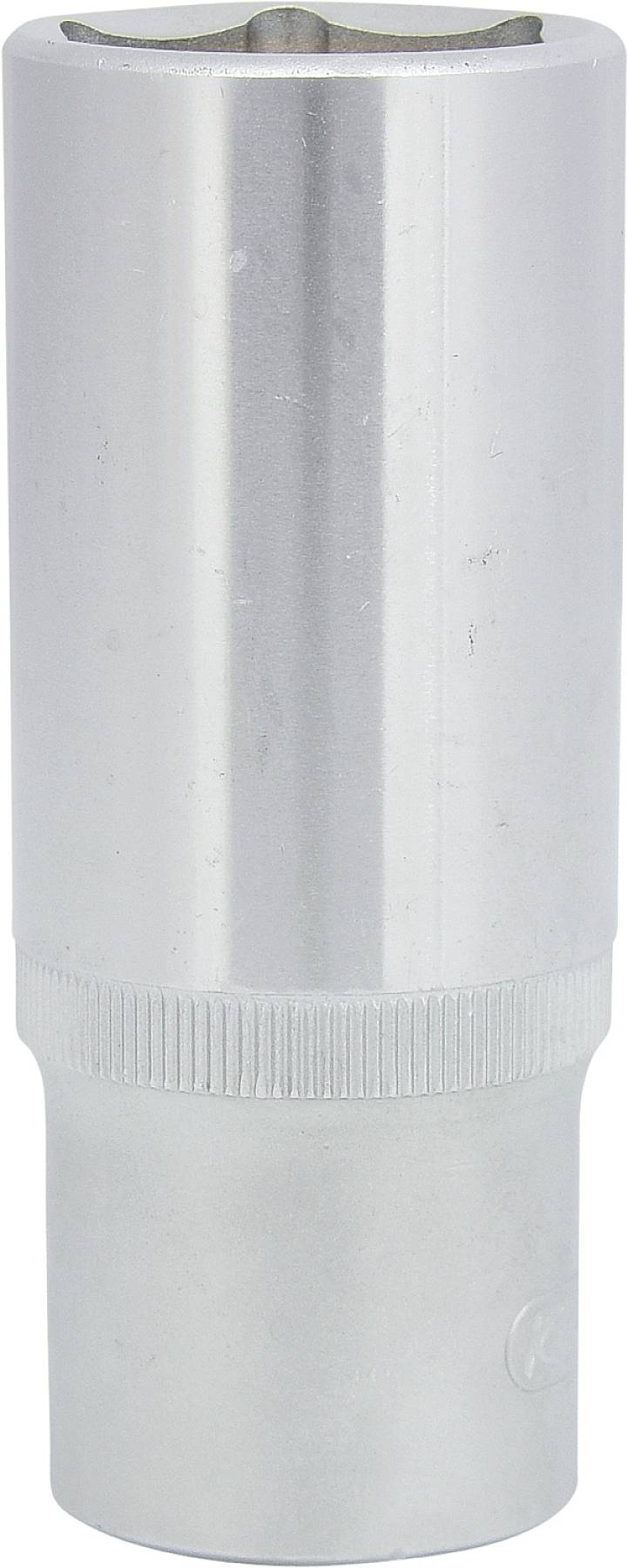 Eine silberne Stecknuss mit geriffeltem Griff, vertikal ausgerichtet. Es ist ein Werkzeug, wahrscheinlich für die Wartung.