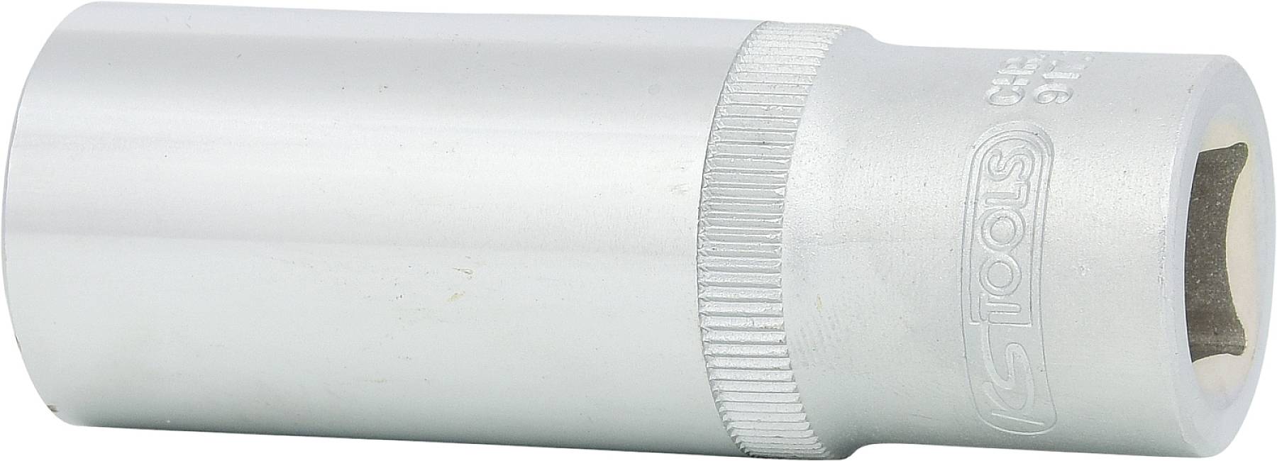 Metallschlüsselaufsatz mit geriffeltem Griff und Gravur, zeigt Werkzeugmarkenlogo.